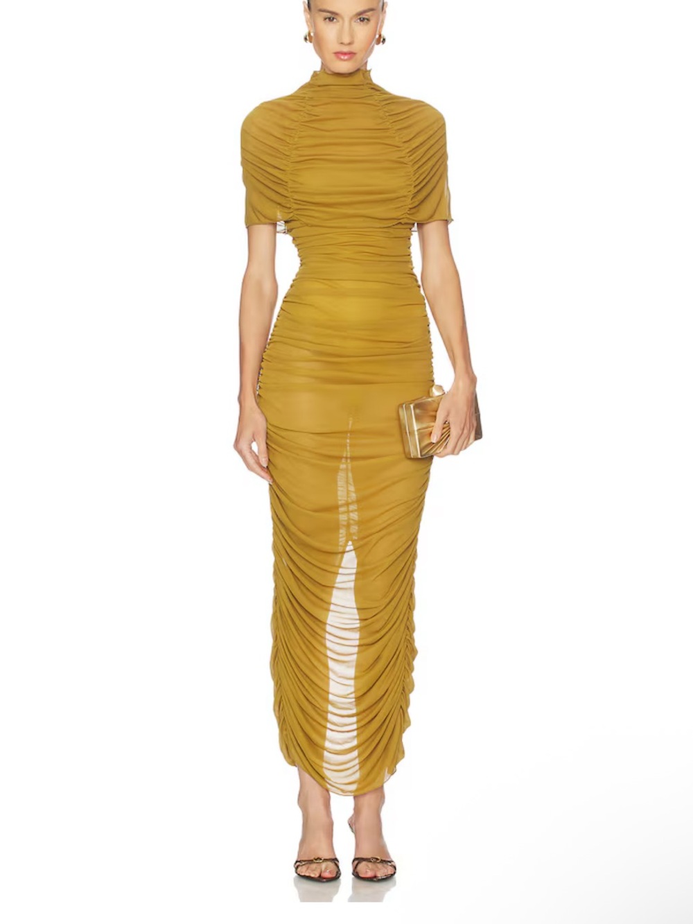 Camila Coelho Mustard Ruched High-Neck Maxi Dress